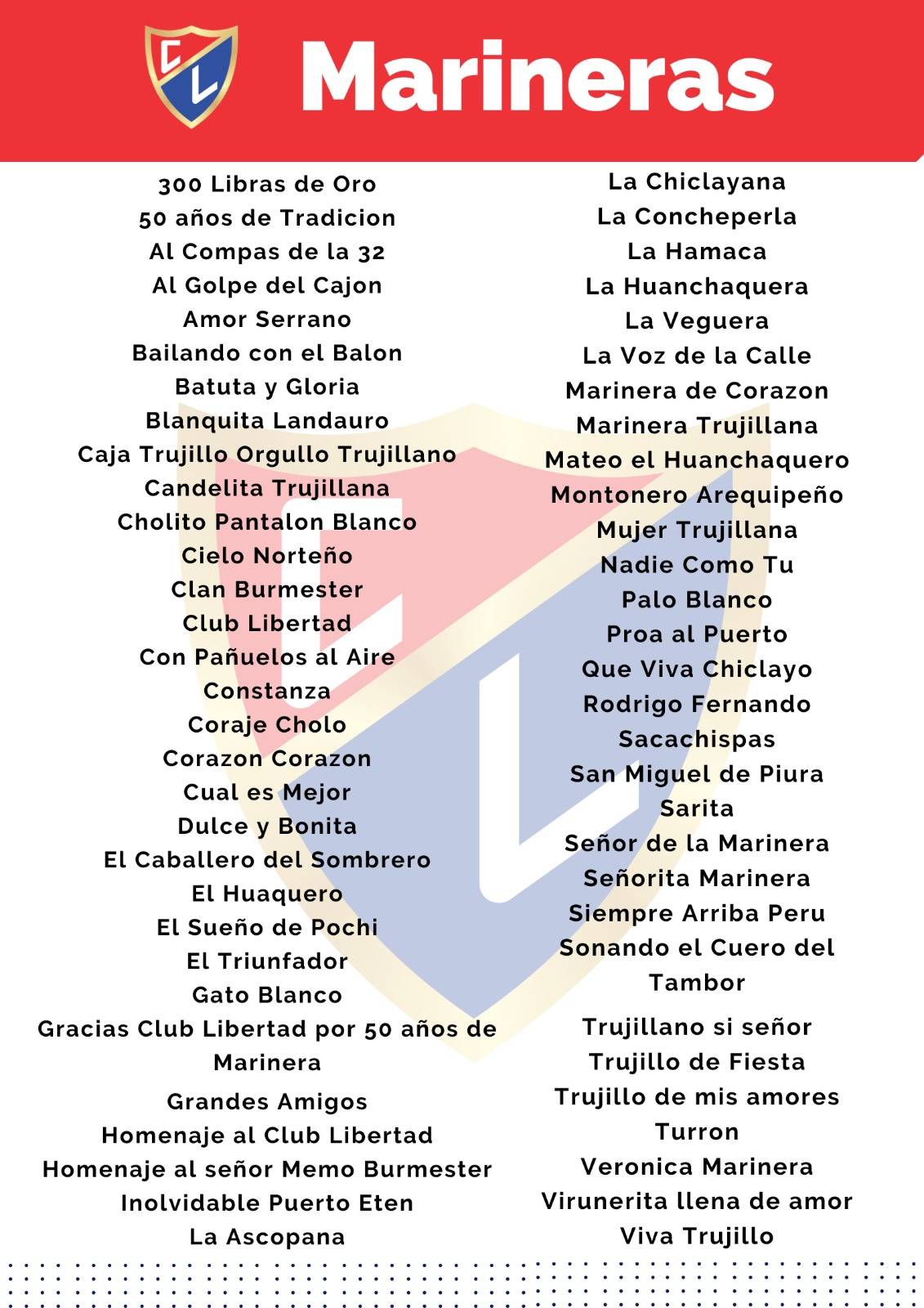 Lista oficial de marineras de concurso 2026 publicada por el Club Libertad