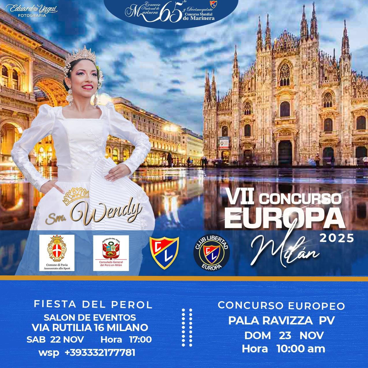 S.M. Wendy I, Reina Europea 2025, con vestido blanco de marinera frente al Duomo de Milán en el flyer oficial